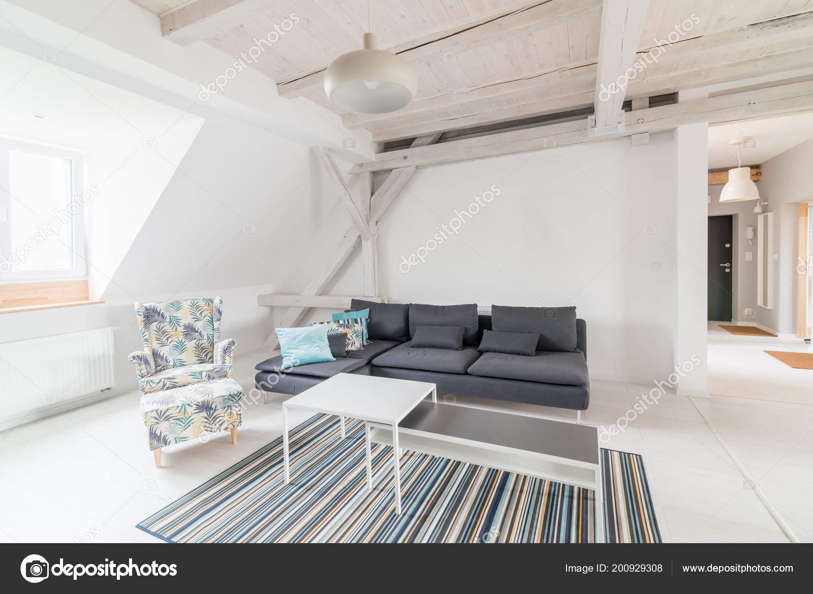 Bright Attic Living Room Wooden Ceiling Beams Grey Fabric