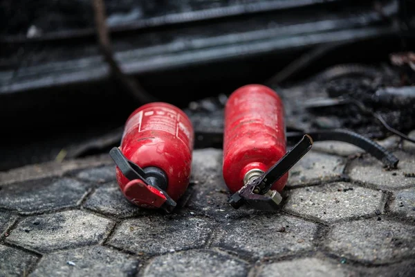 Vehículo Usado Extintor Rojo Coche Quemado Carretera Accidente Coche — Foto de Stock