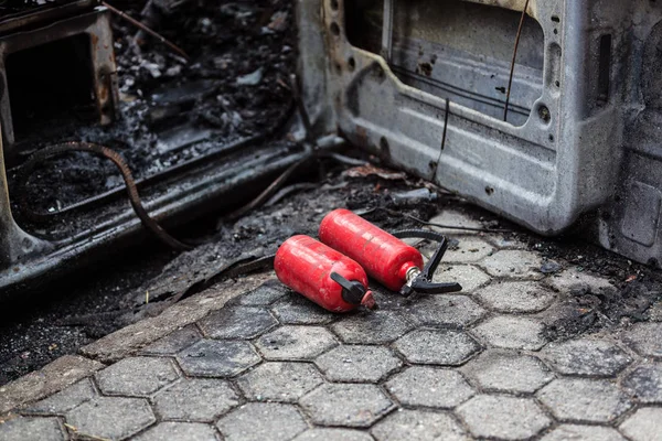 Extintor Coches Usados Coche Quemado Carretera Accidente Coche — Foto de Stock