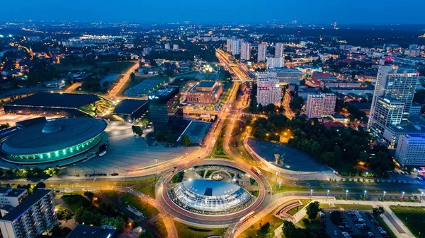 Vista Aérea Drones Centro Katowice Rotunda Noite Silésia Polónia — Fotografia de Stock