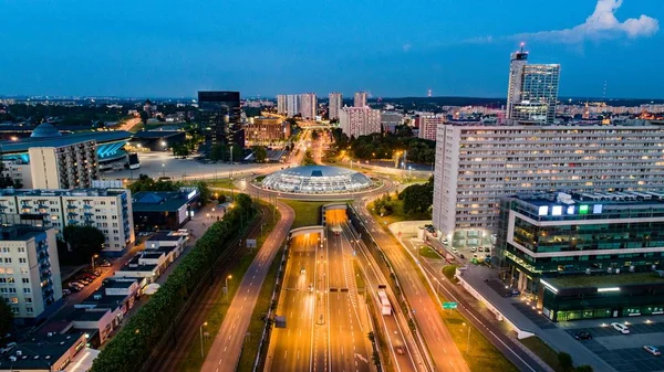 Vista Aérea Drones Centro Katowice Rotunda Noite Silésia Polónia — Fotografia de Stock