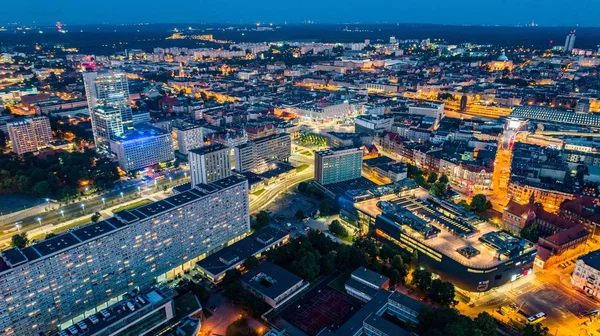 Aerial Drönarvy Katowice Centrum Natten Schlesien Polen — Stockfoto