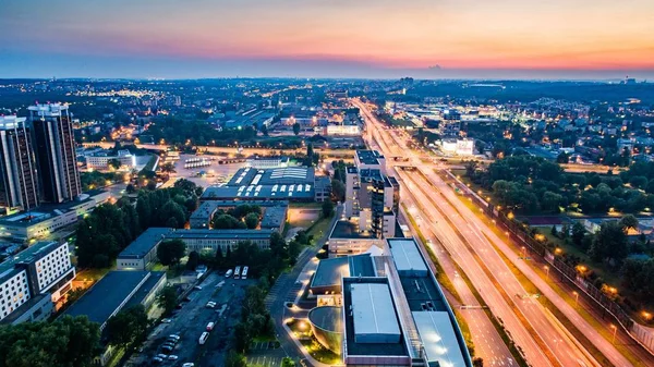 Vista Aerea Drone Sul Centro Katowice Notte Slesia Polonia — Foto Stock