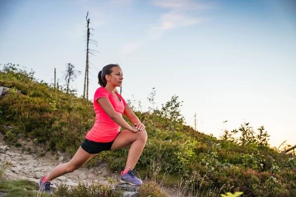 Woman Stretching Trail Cross Country Running Mountains Polish Silesian Beskid — Stock Photo, Image