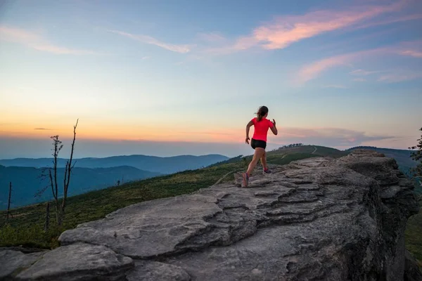 Young Woman Running Rocks Female Cross Country Running Mountains Polish — Stock Photo, Image
