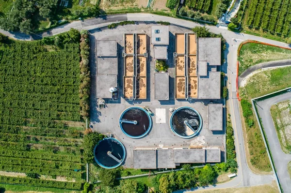 Aerial drone view on water treatment plant at summer. Wastewater treatment