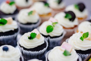 Beyaz krem şanti ile tatlı lezzetli koyu kek cupcakes