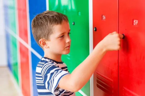 Child Boy Opening Metal School Locker Child School — Stock Photo, Image