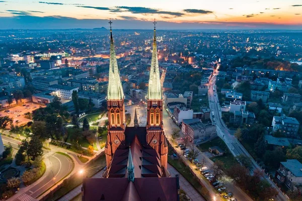 Vista Aérea Drone Basílica Centro Cidade Rybnik Rybnik Uma Cidade — Fotografia de Stock