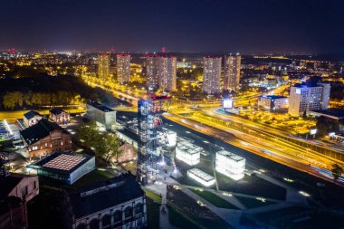 Katowice kent merkezinde hava dron görünümü. Katowice, Silesia, Polonya