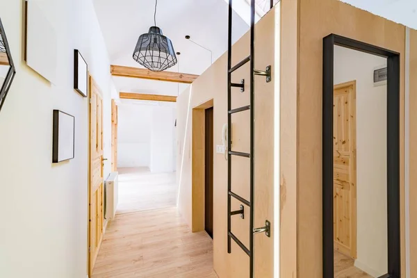 Apartment hall with wooden doors. Modern bright flat apartment in the attic