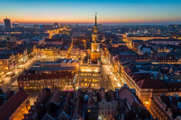Aerial view on Poznan main square and old city at evening. Poznan, Wielkopolska, Poland