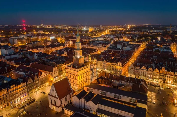 Wieczorem Widok Lotu Ptaka Poznań Główny Plac Stare Miasto Poznań — Zdjęcie stockowe