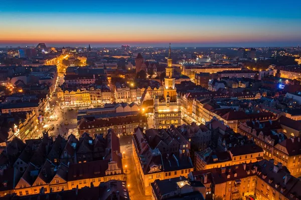 Luchtfoto Van Avond Poznan Vierkante Oude Stad Poznan Wielkopolska Polen — Stockfoto
