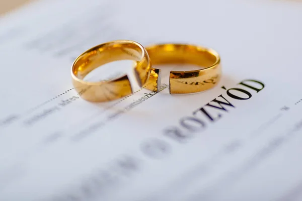 Divorce decree in Polish language and two broken wedding rings. Divorce and separation concept