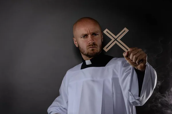 Catholic Priest White Surplice Black Shirt Cleric Collar Holding Wooden — Stock Photo, Image