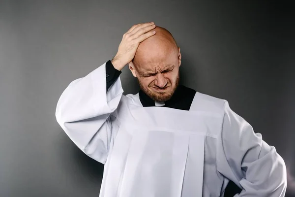 Confused Catholic Priest White Surplice Black Shirt Cleric Collar — Stock Photo, Image