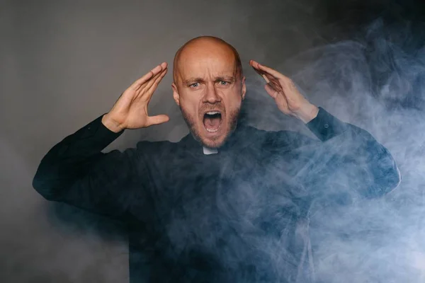 Scared Frightened Catholic Priest Black Shirt White Collar — Stock Photo, Image