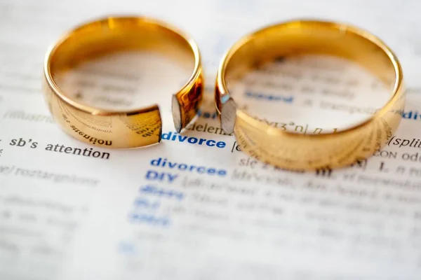 Two broken wedding rings on divorce word in dictionary. Divorce and separation concept