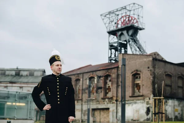 Man Black Coal Miner Gala Parade Uniform Silesia Polonia — Fotografia de Stock