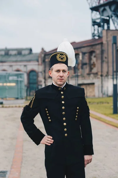 Člověk Černý Horník Slavnostním Průvodu Uniformu Slezsko Polsko — Stock fotografie