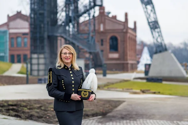 Vrouw Zwarte Kolen Mijnwerker Foreman Gala Parade Uniform Silezië Polen — Stockfoto