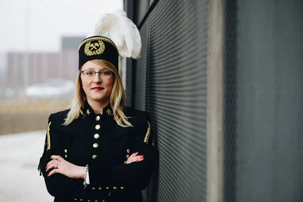 Woman Black Coal Miner Foreman Gala Parade Uniform Silesia Poland — Stock Photo, Image