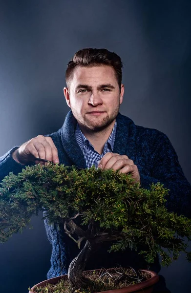 Studio Shot Young Man Pruning Japanese Bonsai Tree Hobby Passion — Stock Photo, Image