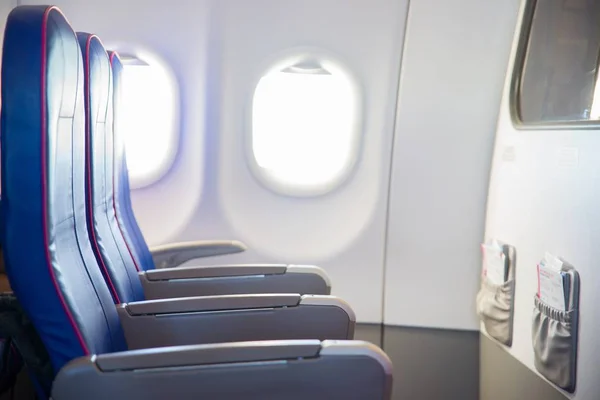 Pustych Miejsc Samolotu Pasażerskiego Pasażera Samolotu Wnętrza Klasa Ekonomiczna — Zdjęcie stockowe