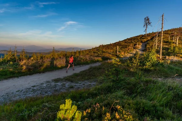 Young woman cross running in mountains at summer. Woman running. Silesian Beskid, Szczyrk, Poland