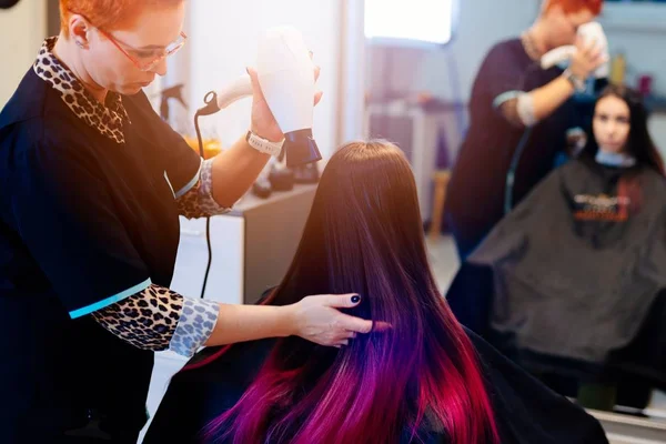 Cabeleireiro fêmea secagem de cabelo do cliente com secador de cabelo — Fotografia de Stock