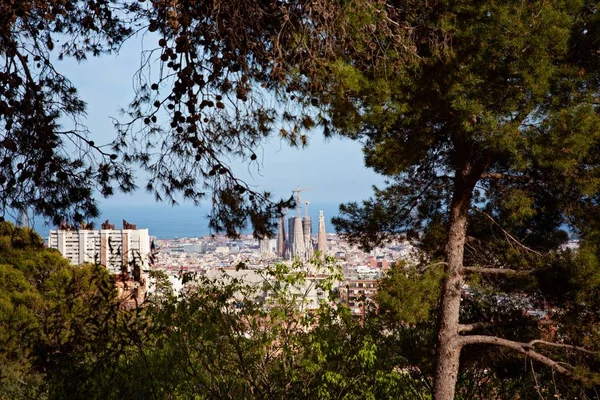 Uitzicht op Barcelona en de Sagrada Familia basiliek van Park Guell — Stockfoto