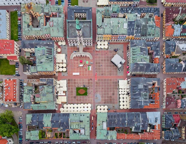 Aerial drone view on Zamosc old town and city main square with town hall