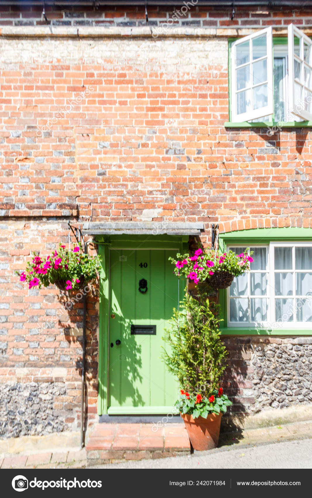 Country Cottage Green Door Hanging Baskets Open Window West