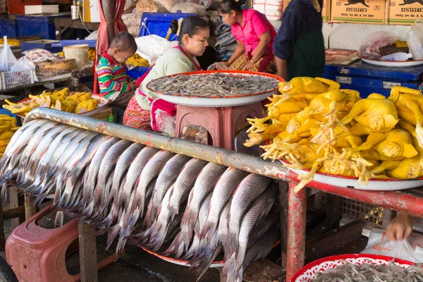 Venta de pescado, pollo y langostinos en Mae Sot, Tailandia — Foto de Stock