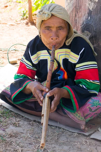 Chiang Rai yanlısı bir rüzgarlı enstrüman çalan Lahu hilltribe kadın — Stok fotoğraf