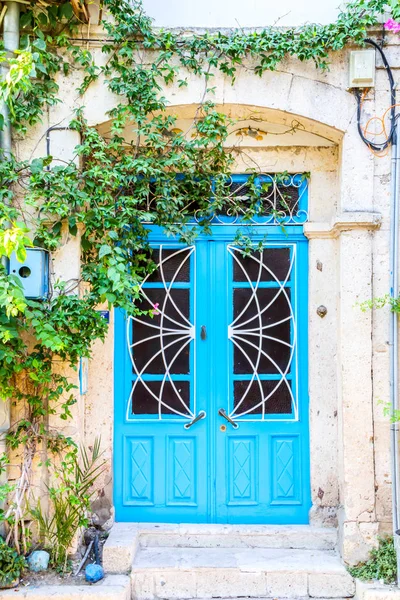 Голубая дверь в дом — стоковое фото