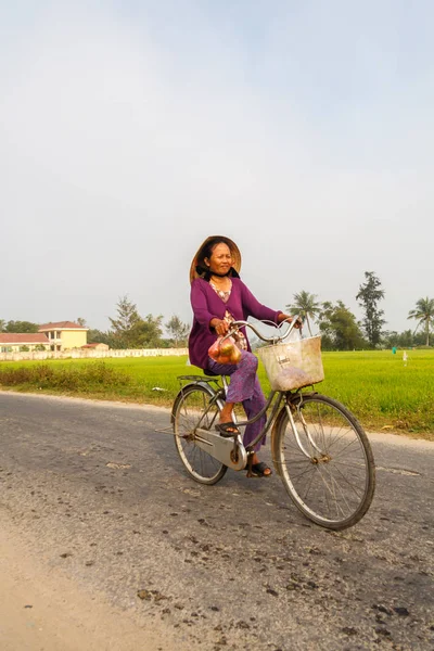 Frau fährt mit Fahrrad durch die Reisfelder. — Stockfoto