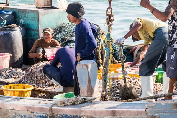 Burmese crew of Thai fishing boat sorting fish — Stock Photo, Image