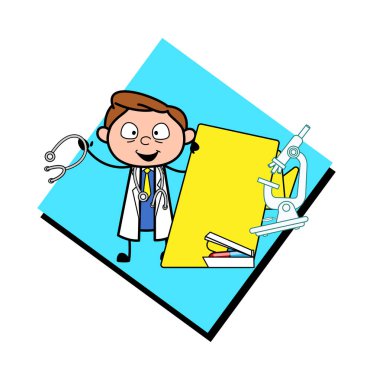 Çizgi film doktor laboratuar ekipmanları ve afiş vektör