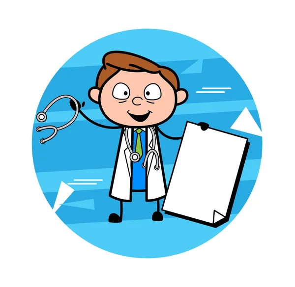 Fröhlicher Cartoon-Arzt hält einen Papierbanner in der Hand — Stockvektor