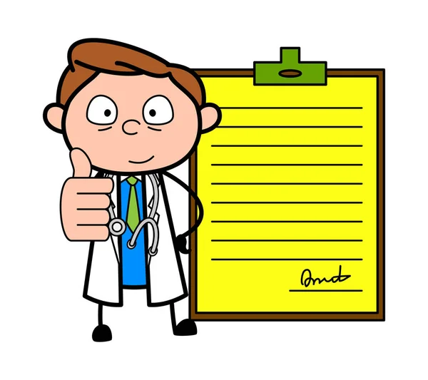 Doctor de dibujos animados mostrando Thums Up - Vector de informe médico positivo — Vector de stock