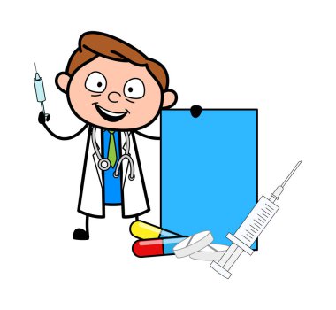Çizgi film doktor ilaç ve afiş vektör