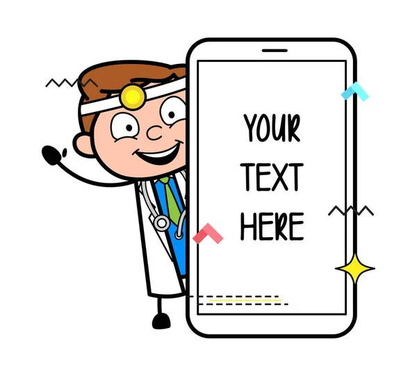 Cartoon gelukkig arts met Smartphone Banner Vector — Stockvector