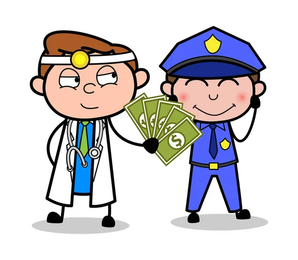 Karikatur Arzt gibt Bestechungsgeld an einen Polizisten Vektor Konzept — Stockvektor