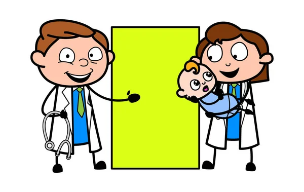 Cartoon Doctors with baby and Banner Vector Illustration — Stock Vector