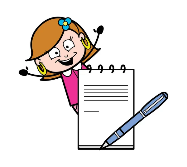 Cartoon Lady with Notebook and Pen Vector — Stock Vector