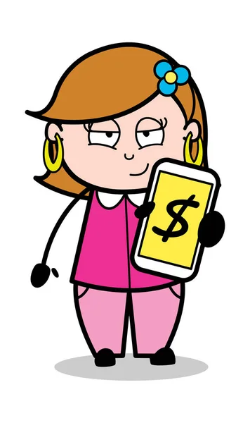 Cartoon Lady visar saldo i mobilen — Stock vektor