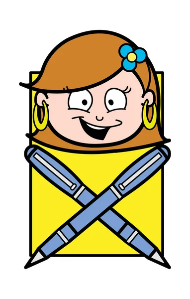 Glad Cartoon Lady ansikte med pennor vektor — Stock vektor
