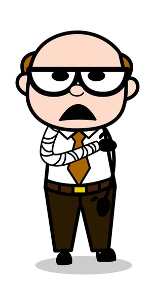 Paciente con la mano fracturada - Retro Cartoon Office old Boss Man — Vector de stock